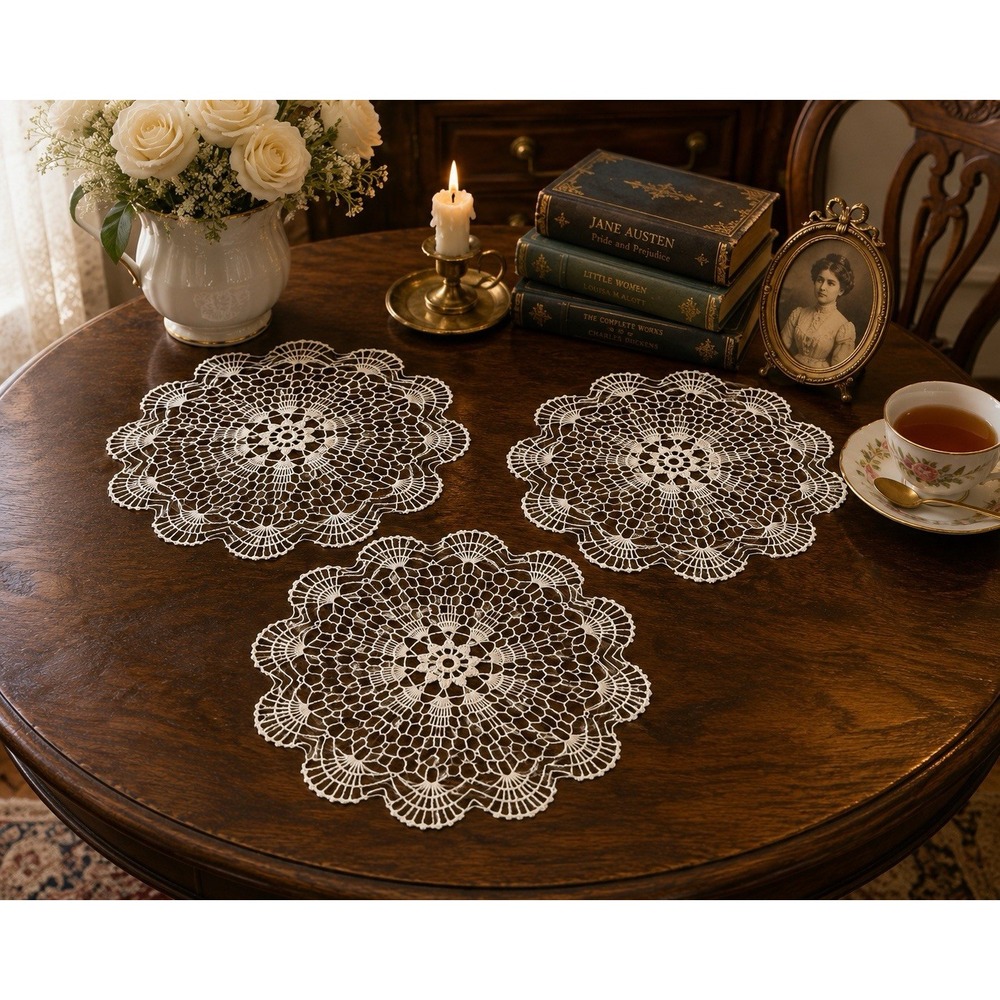 Vintage Hand Crocheted Lace Doilies Set 13" Round Floral Scalloped Ivory Cottage